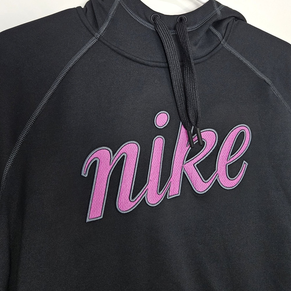 Nike Therma-Fit Hoodie Women's Sz L Pullover Thumb Holes Big Logo Black Fuchsia - Picture 8 of 11
